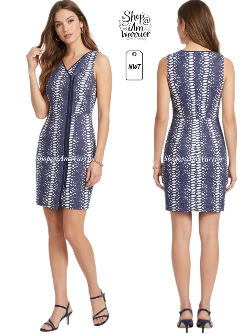 Andrew Marc NWT sleeveless zip blue abstract print dress *shop@iamwarrior